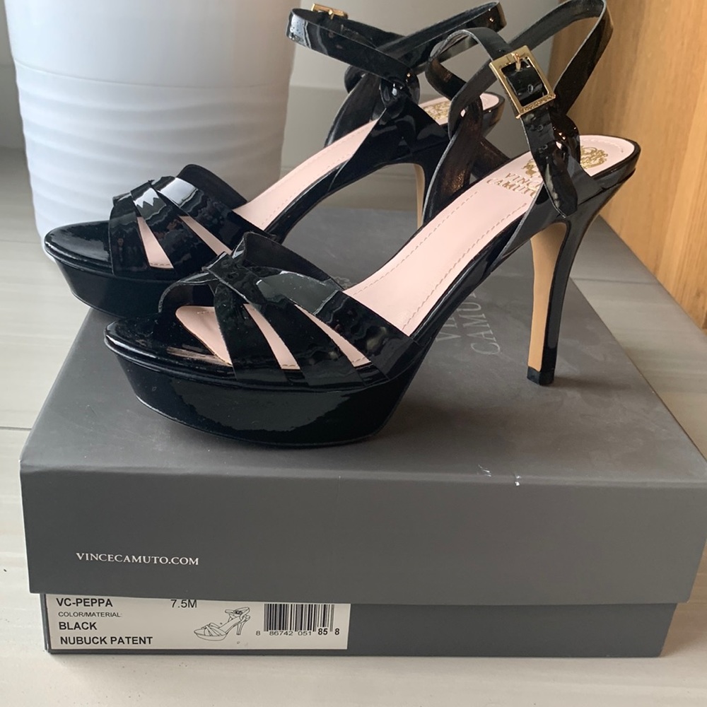 Vince Camuto, black patent leather strappy high-heeled sandals, size 7.5 M.